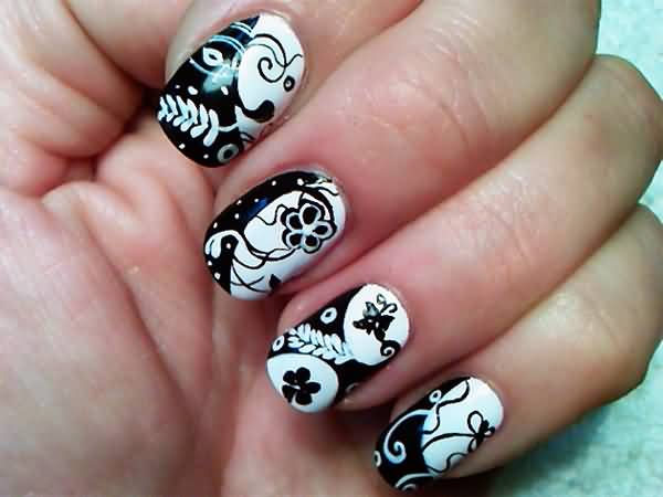 Black And White Flowers Design Nail Art Idea