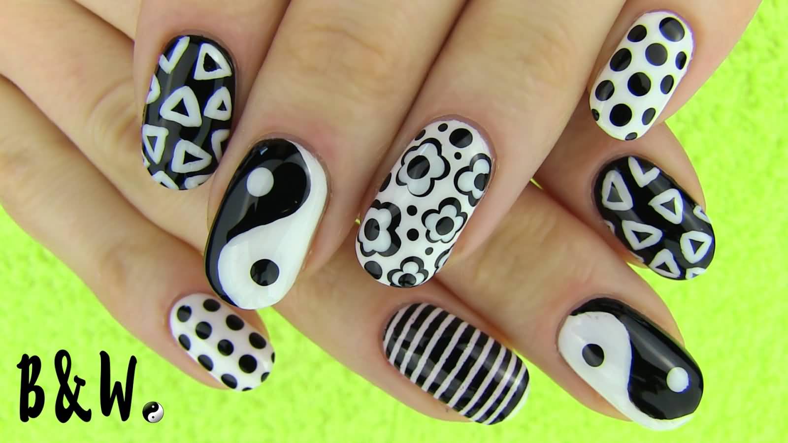 Black And White Flowers, Stripes And Ying Yang Nail Art Design
