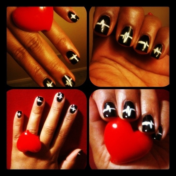 Black And White Heartbeat Nail Art Designs