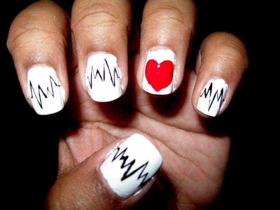 Black And White Heartbeat Nail Art With Red Heart Design Idea