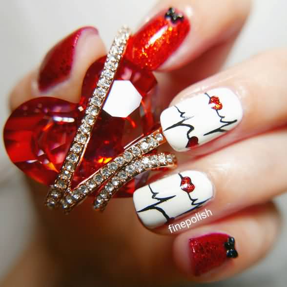 Black And White Heartbeat With Red Heart Nail Art
