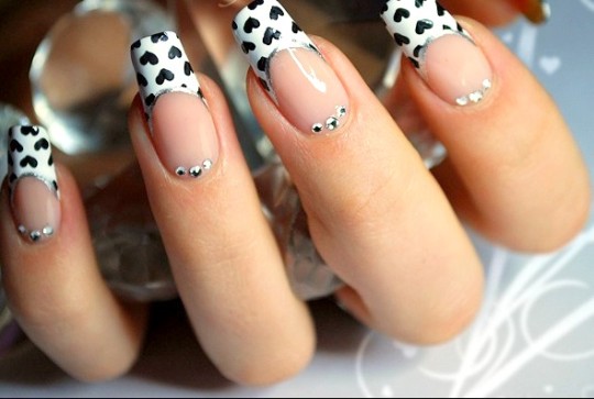 Black And White Hearts French Tip Nail Art Design Idea