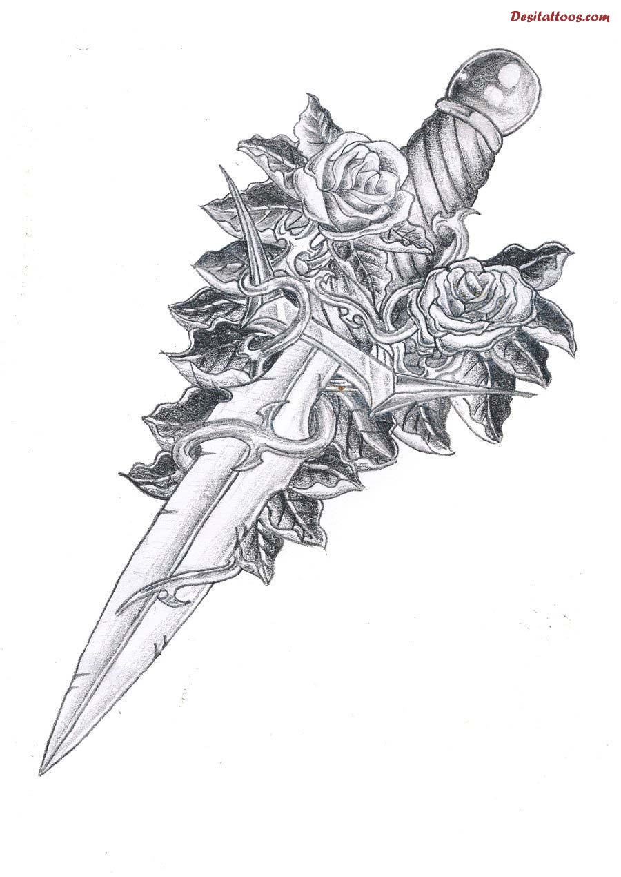 Black And White Knife And Flowers Tattoo Design
