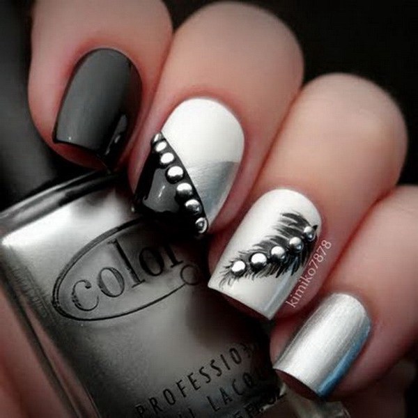 Black And White Nails With Feather And Caviar Beads Design Idea