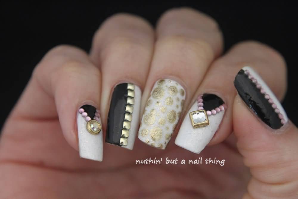 Black And White Nails With Gold Caviar Beads Nail Art