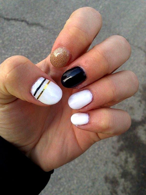 Black And White Nails With Golden Gel Design