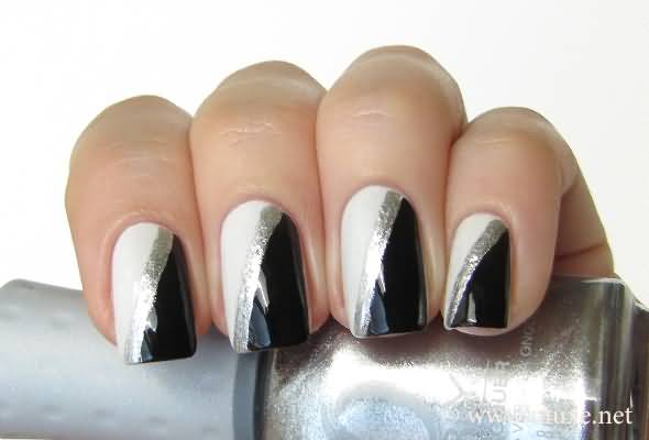 Black And White Nails With Silver Strip Design
