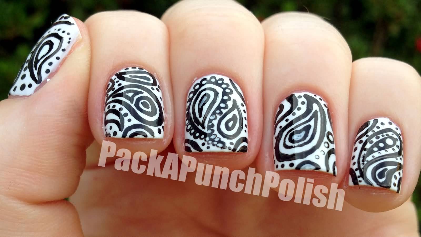 Black And White Paisley Nail Art Design Idea