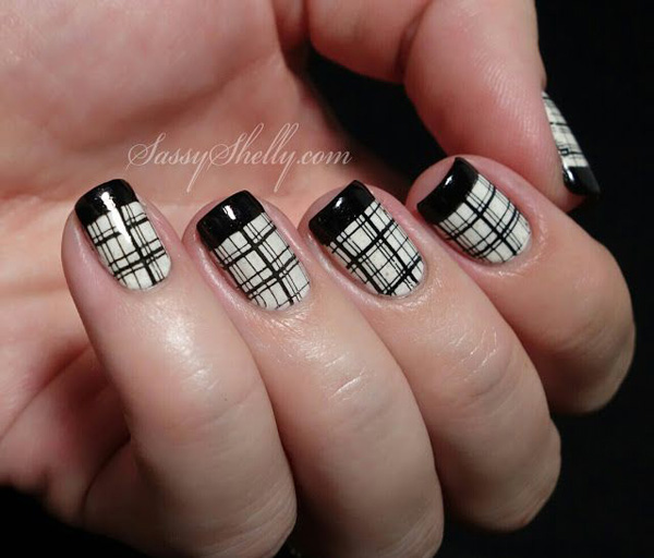 Black And White Pattern Nail Art With Black Tip Design