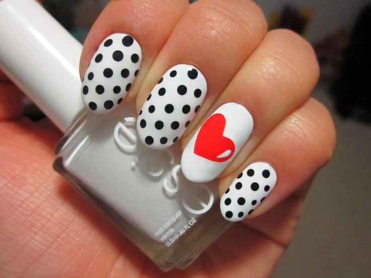 Black And White Polka Dots Accent Red Heart Nail Art