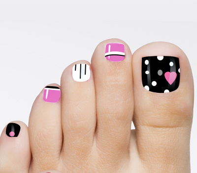 Black And White Polka Dots With Pink Heart Nail Art For Toe Nails