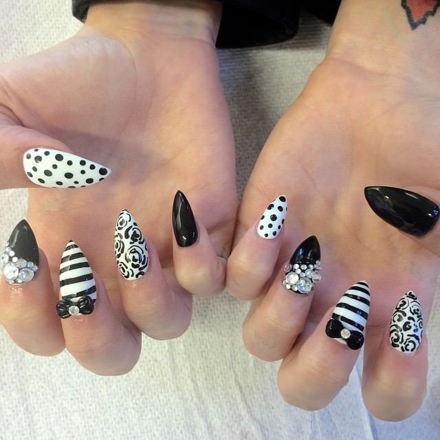 Black And White Sharp Nails Art With 3D Bow And Rhinestones