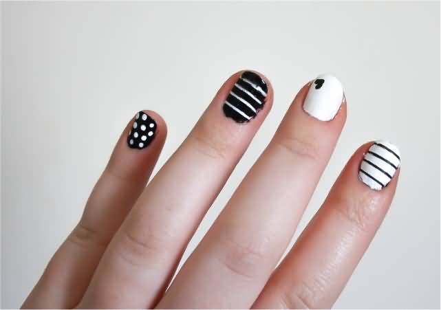 Black And White Striped And Polka Dots Nail Art Design