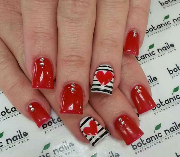Black And White Stripes Accent Nails With Red Heart Nail Art