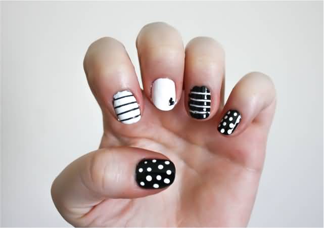 Black And White Stripes And Polka Dots Nail Art Ideas