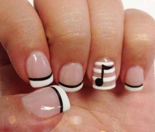 Black And White Tip Nail Art With Accent Musical Note Design Idea