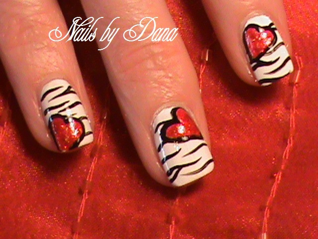 Black And White Zebra Print And Red Heart Nail Art