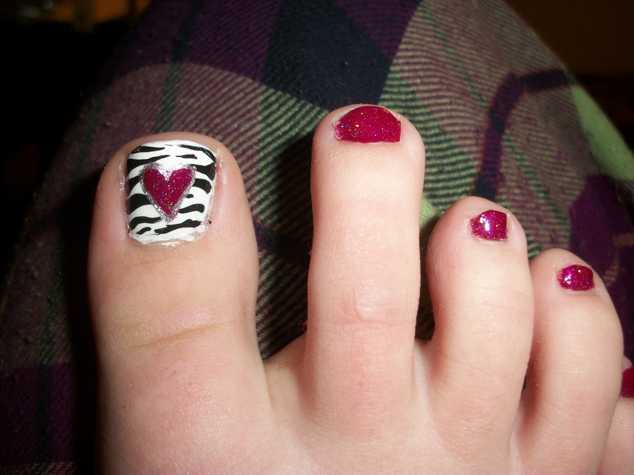 Black And White Zebra Print With Red Heart Toe Nail Art By Queen Alice