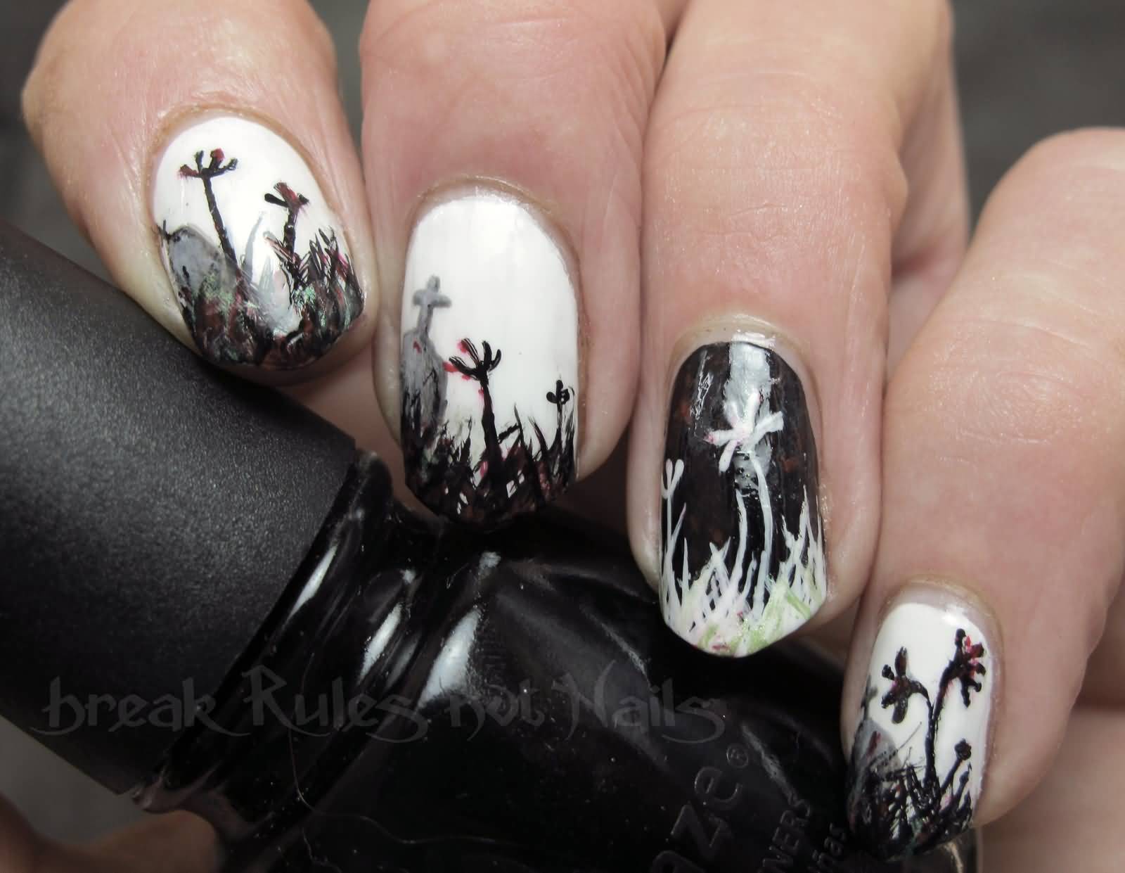 Black And White Zombie Flowers Nail Art Design Idea