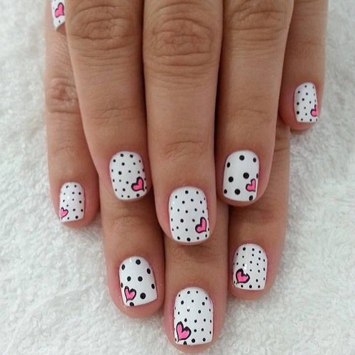 Black Dots And Pink Hearts Nail Art Design Idea