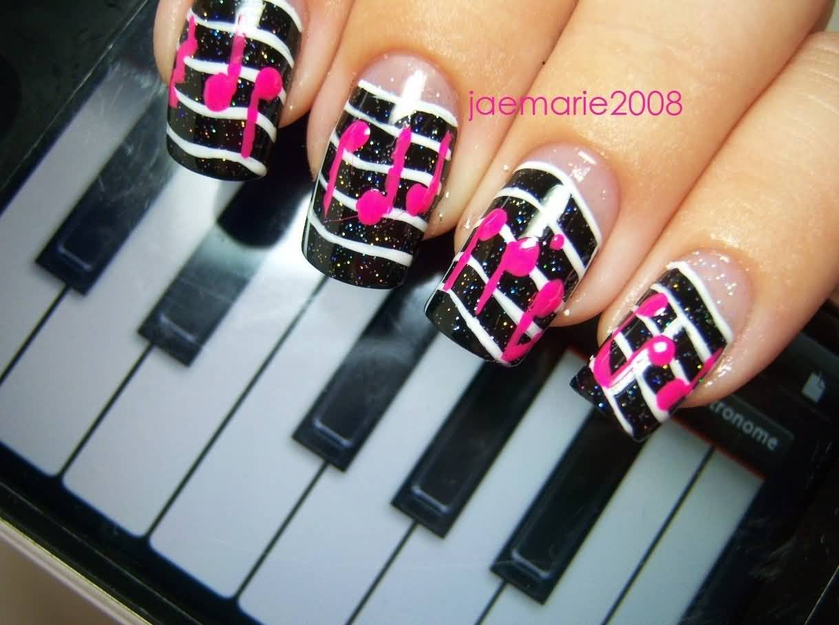 Black Gel Nails With Pink Music Notes Nail Art