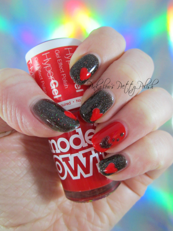Black Glitter Gel Nails With Red Hearts Nail Art