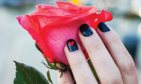 Black Glossy Nails With Red Heart Nail Art