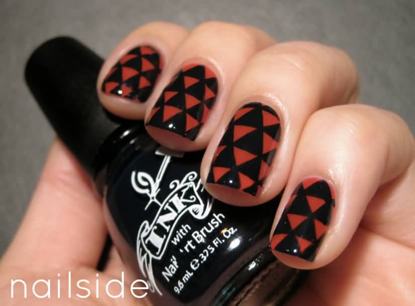 Black Glossy Nails With Red Triangles Pattern Nail Art