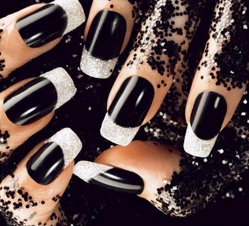 Black Glossy Nails With White Gel Tip Nail Art Idea
