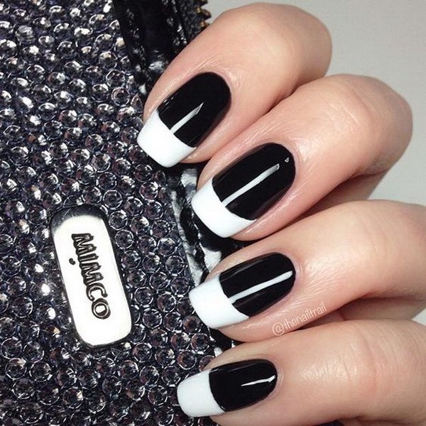 Black Glossy Nails With White Tip Nail Art