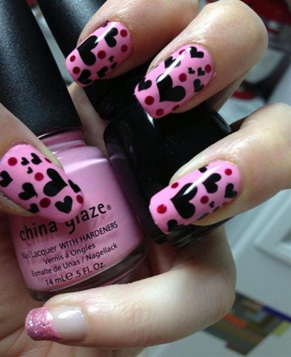 Black Hearts And Pink Polka Dots Nail Art Idea