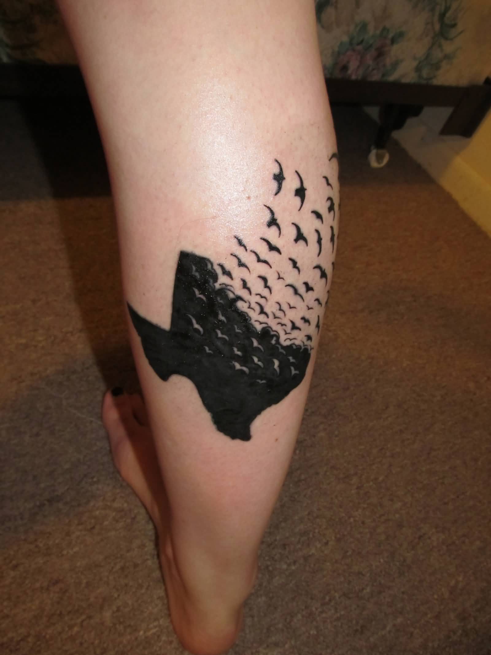 Black Ink Flying Birds From Texas Map Back Leg Tattoo