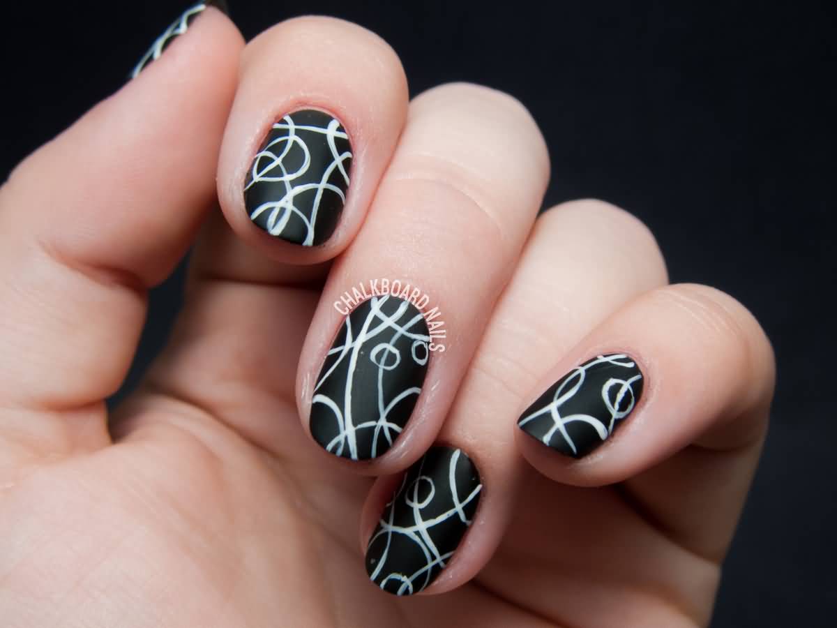 Black Matte Nails With White Stripes Design Nail Art Idea