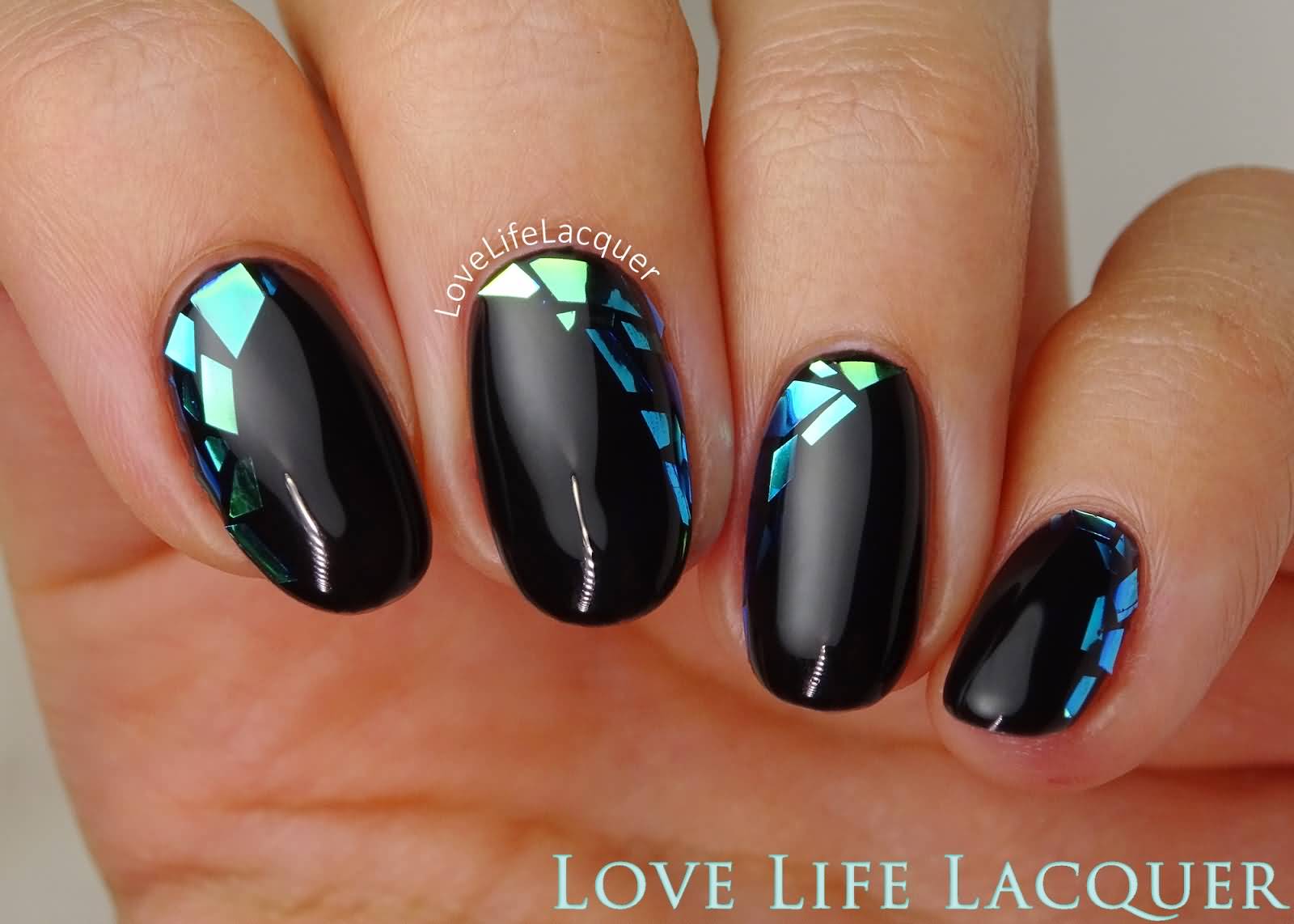 Black Nails With Blue Mosaic Nail Art Design Idea