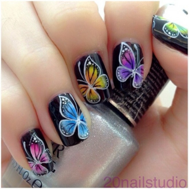 Black Nails With Colorful Butterflies Nail Art Design Idea