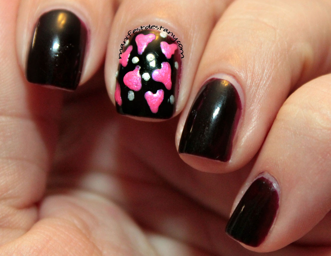Black Nails With Pink Acrylic Hearts Nail Art