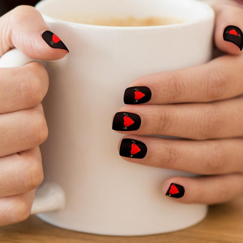 Black Nails With Red Hearts Nail Art Design Idea