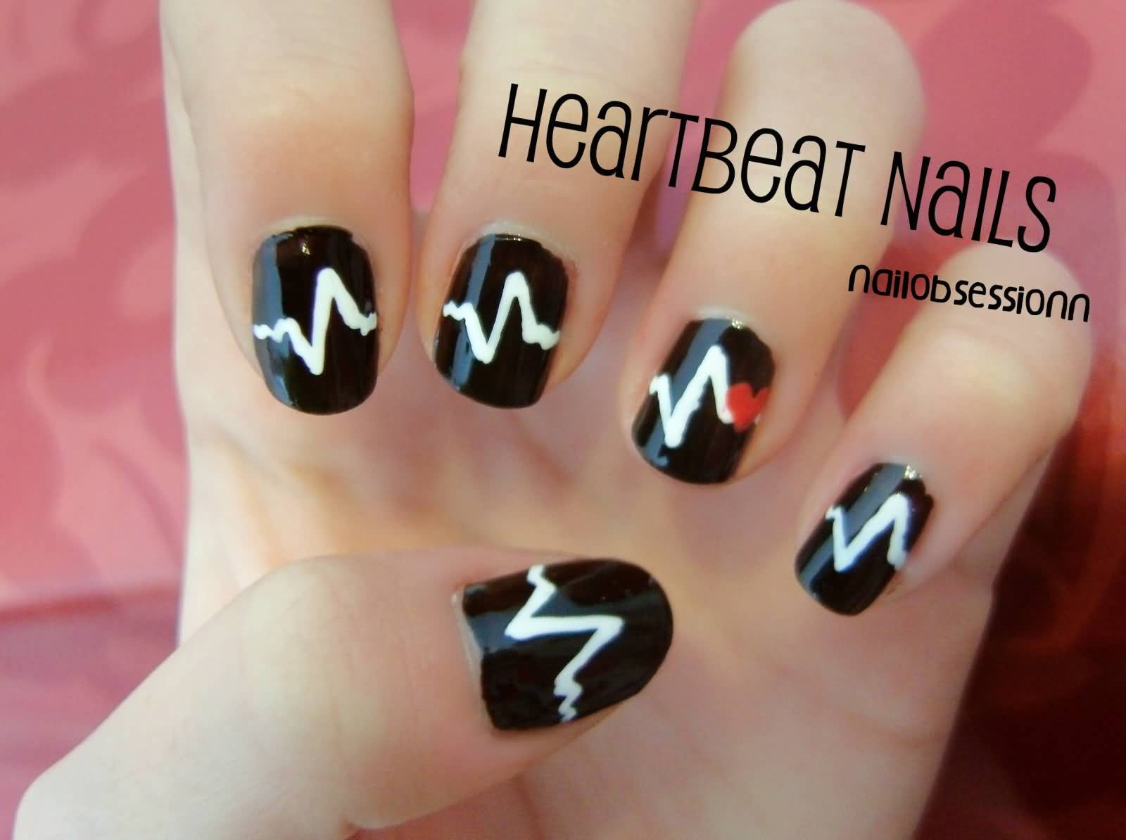 Black Nails With White Heartbeat Nail Art Design Idea