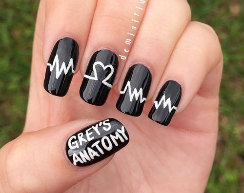 Black Nails With White Heartbeat Nail Art With Grey's Anatomy Text