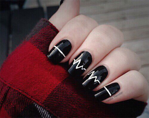 Black Nails With White Heartbeat Nail Art