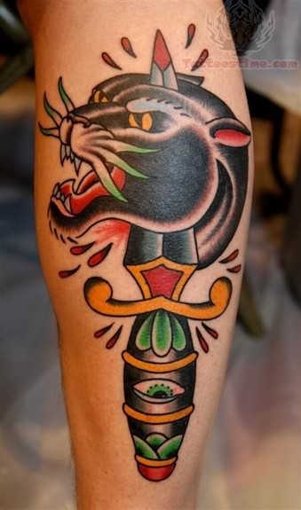 Black Panther And Dagger Traditional Tattoo On Arm Sleeve