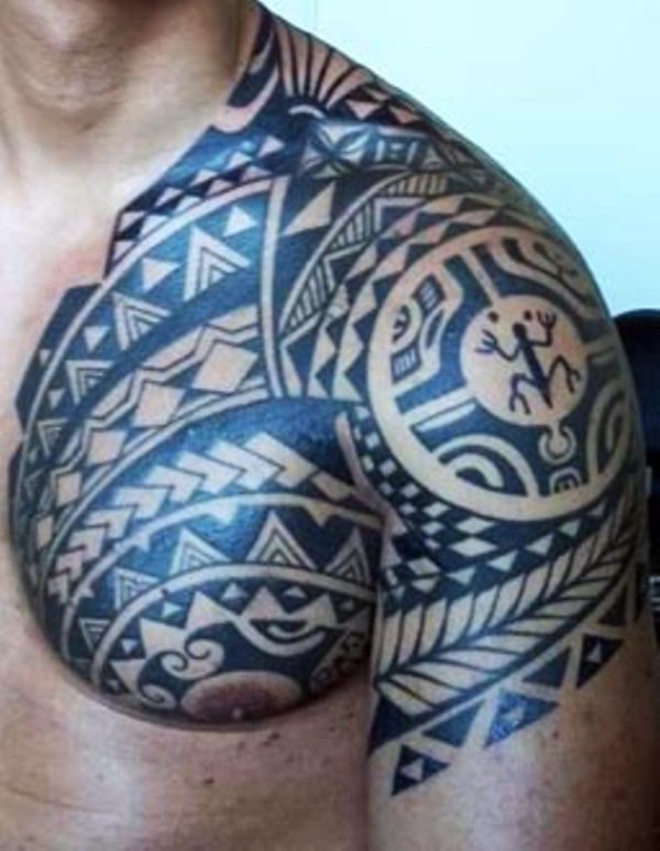 Black Samoan Tattoo On Left Chest And Shoulder