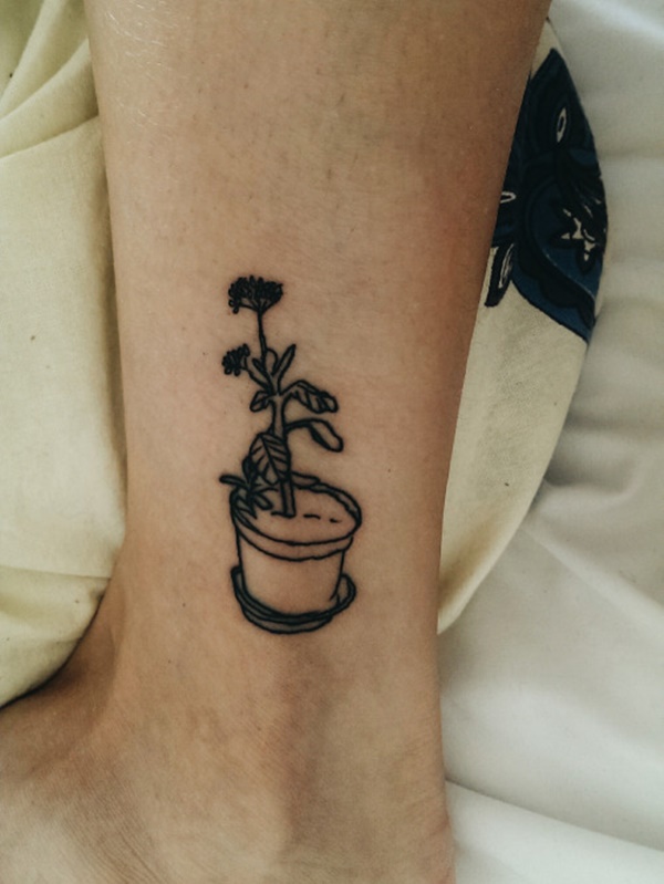 Black Simple Potted Plant Tattoo On Ankle