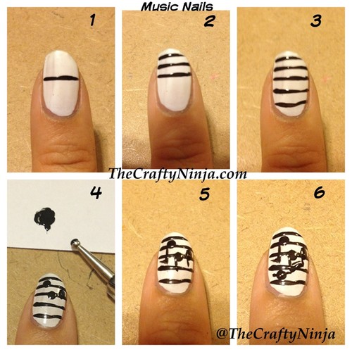 Black Stripes And Music Notes Nail Art Tutorial
