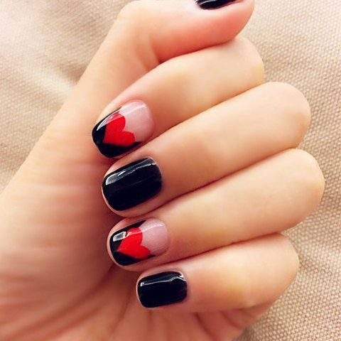 Black Tip And Red Heart Nail Art