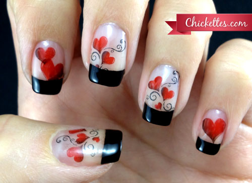 Black Tip And Red Hearts Nail Art And Spiral Design Idea