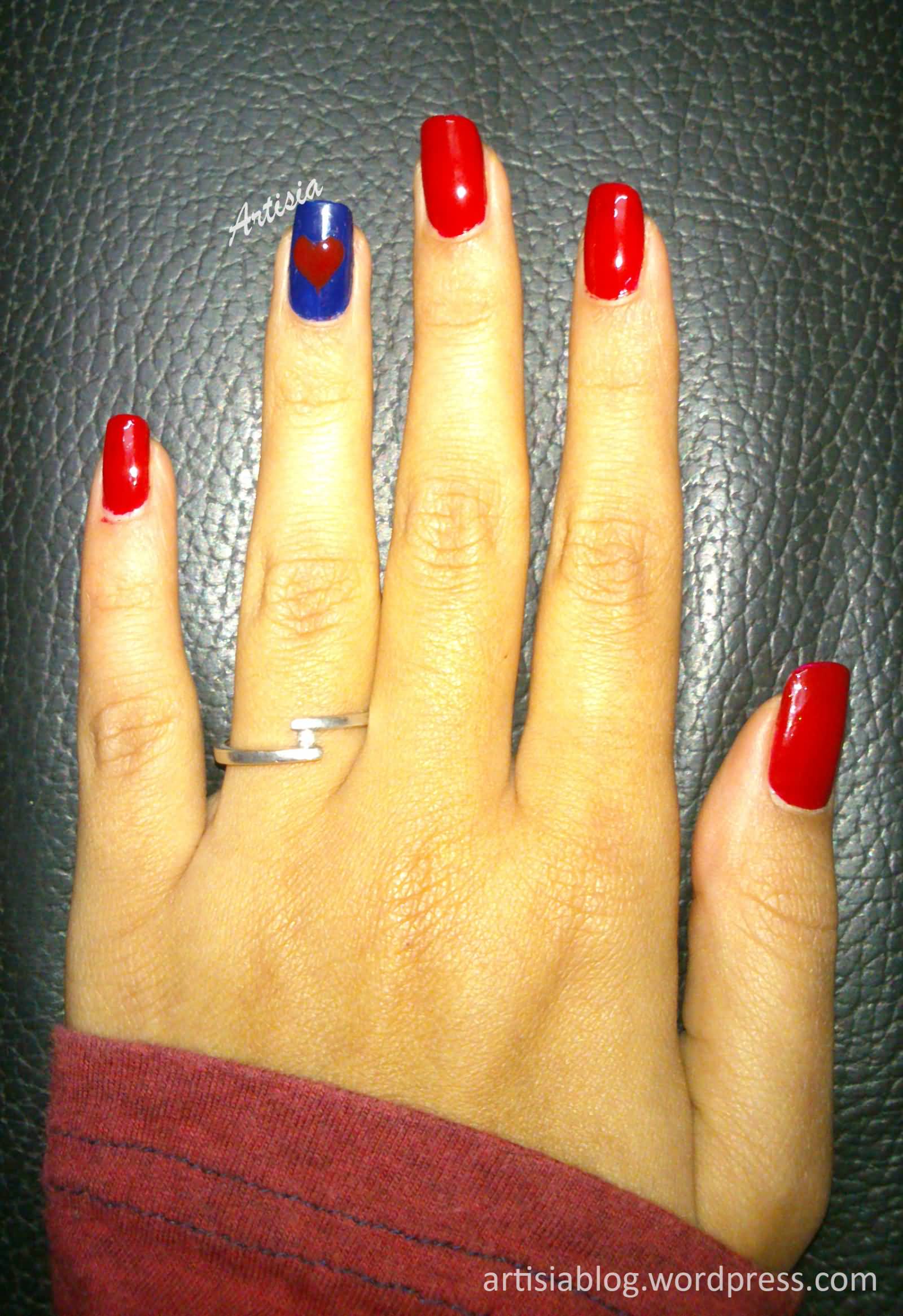 Blue Accent Nail With Red Heart Nail Art