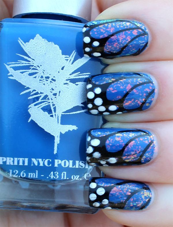 Blue And Pink Butterfly Wings Nail Art with Polka Dots Design Idea