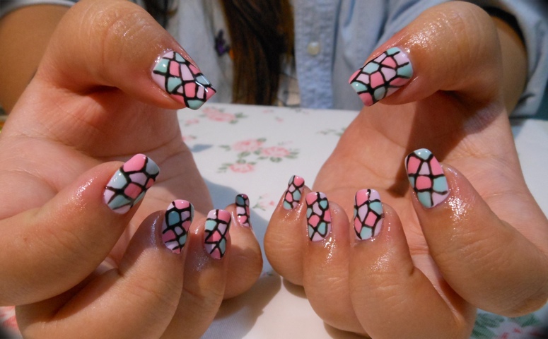 Blue And Pink Mosaic Design Nail Art