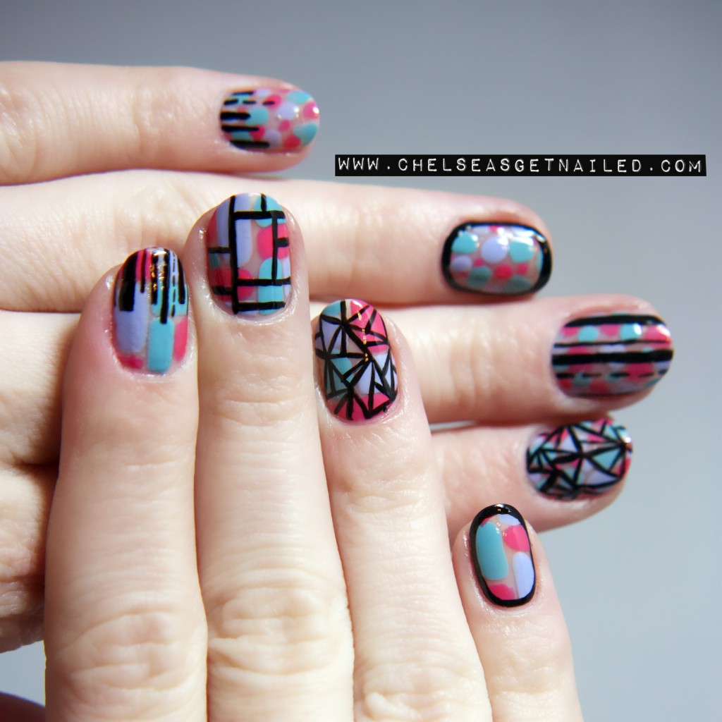 Blue And Pink Mosaic Nail Art Design Idea